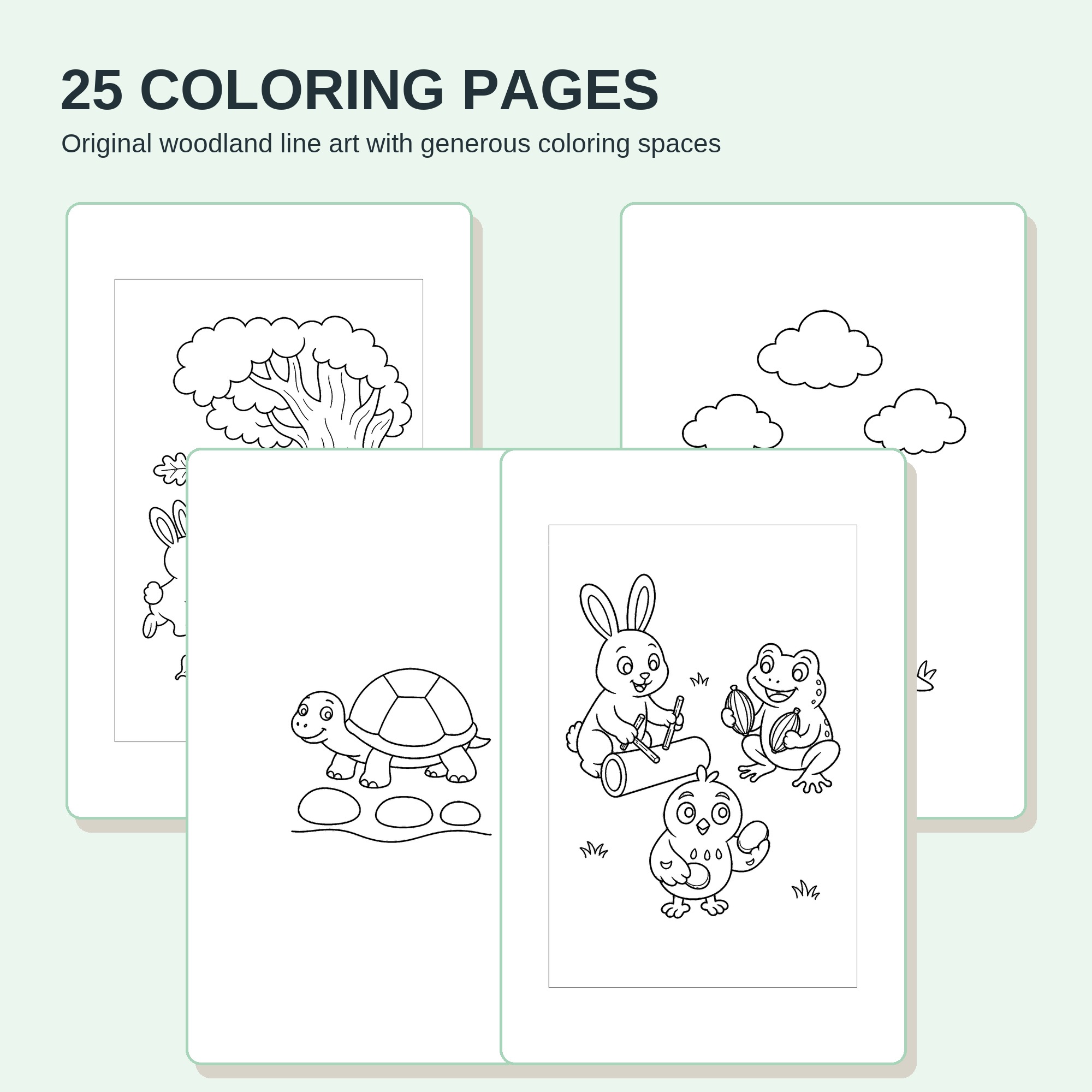 Collage of four sample black-and-white woodland coloring pages from the included set of 25 coloring pages.