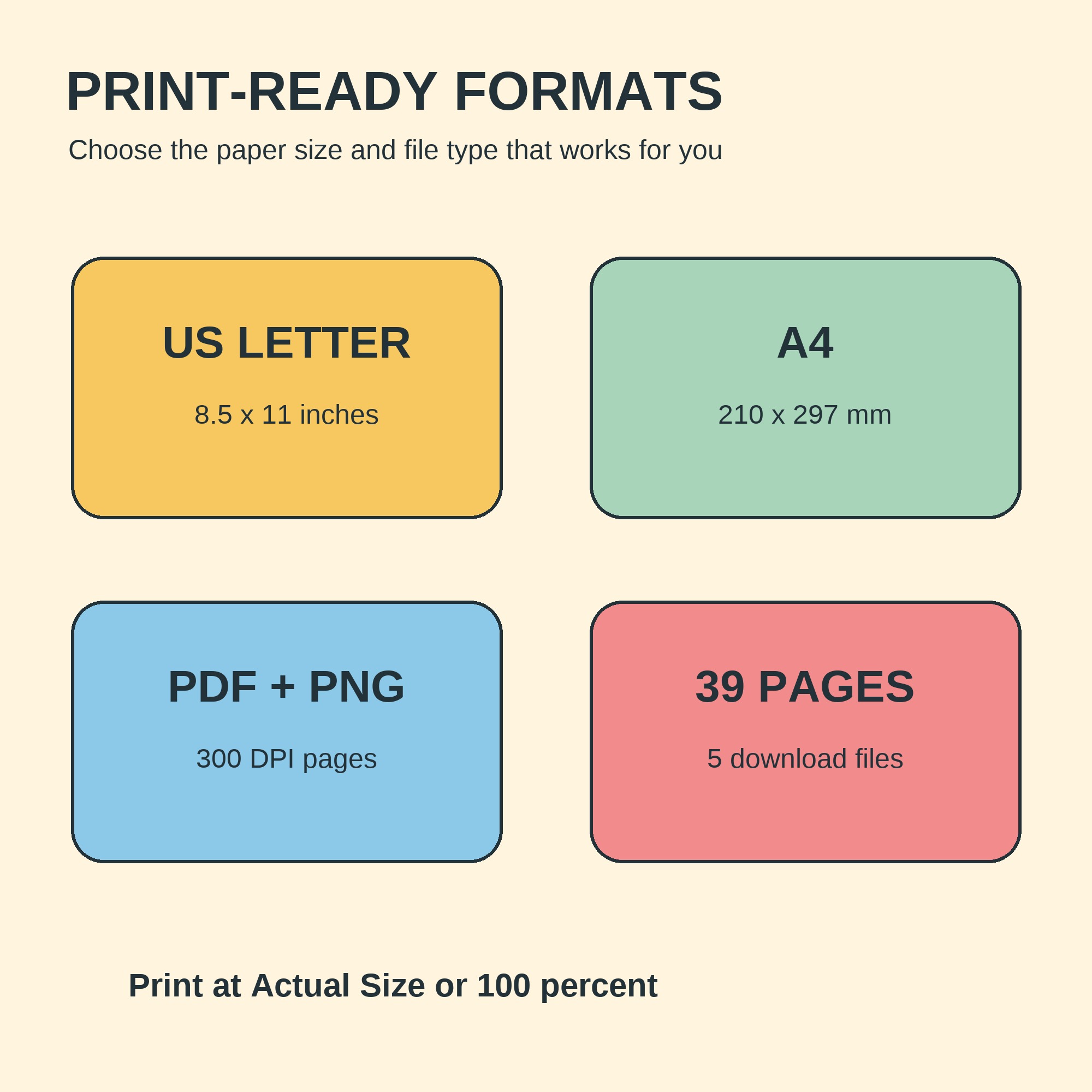 File format guide showing US Letter and A4 sizes, PDF and PNG formats, 300 DPI, 39 pages, and five download files.