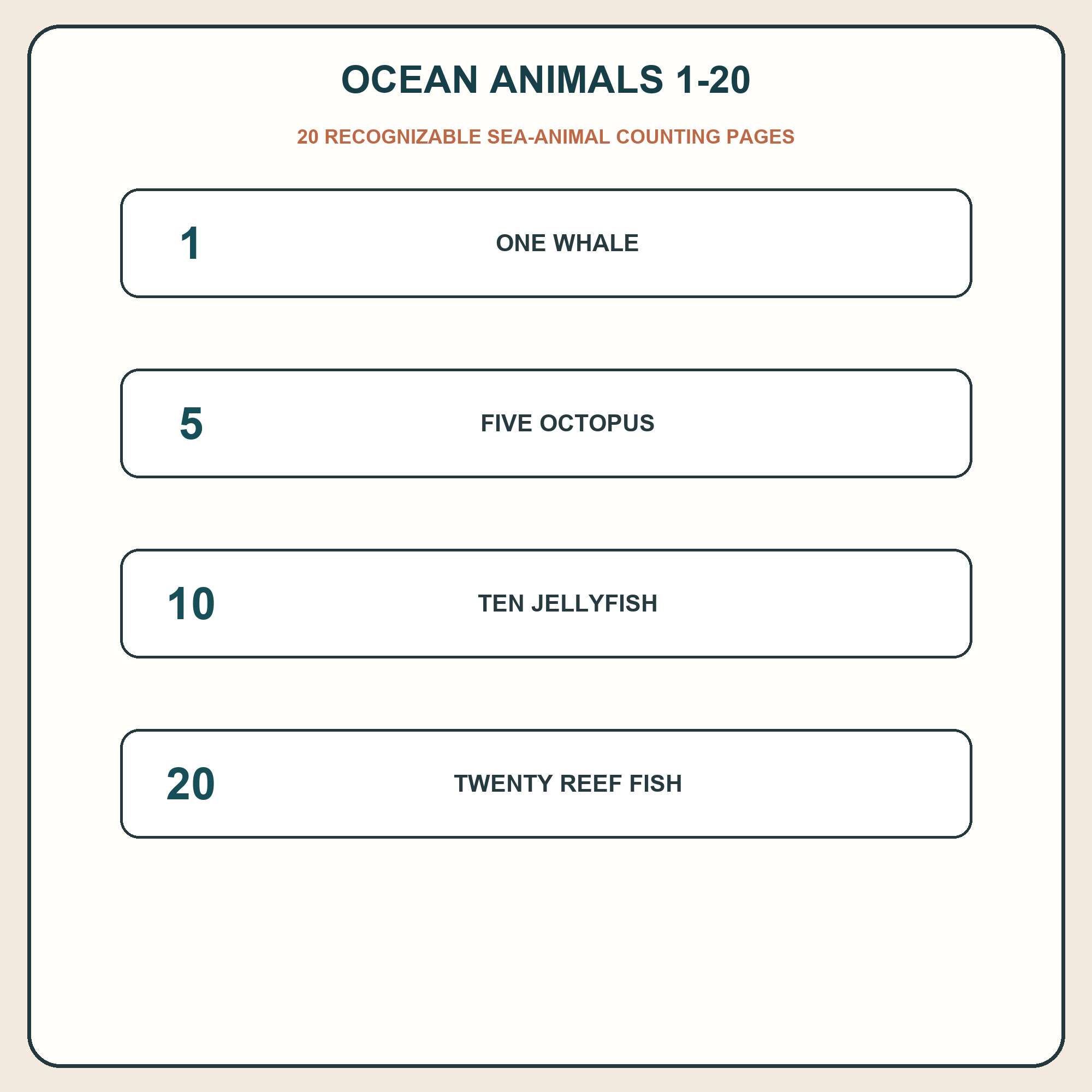 Numbers one, five, ten, and twenty with exact ocean animal counts.