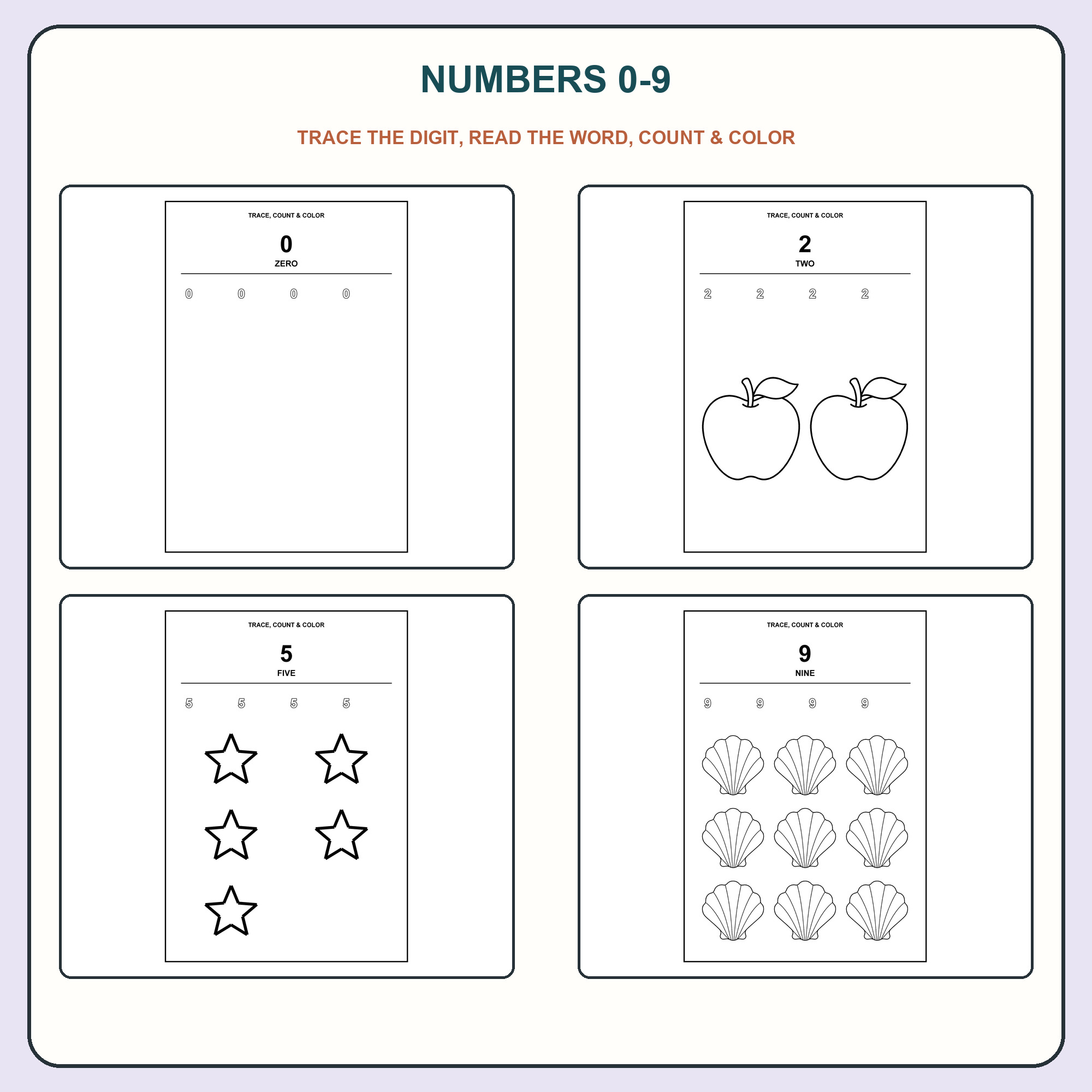 Four sample number 0–9 trace, count, and color pages.